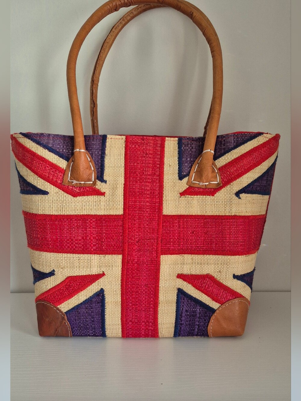 Union Jack Woven Straw Raffia Tote Bag Purse